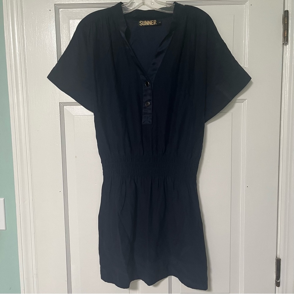 Sunner Elegant beach-easy Navy blue short sleeve silk mini Dress